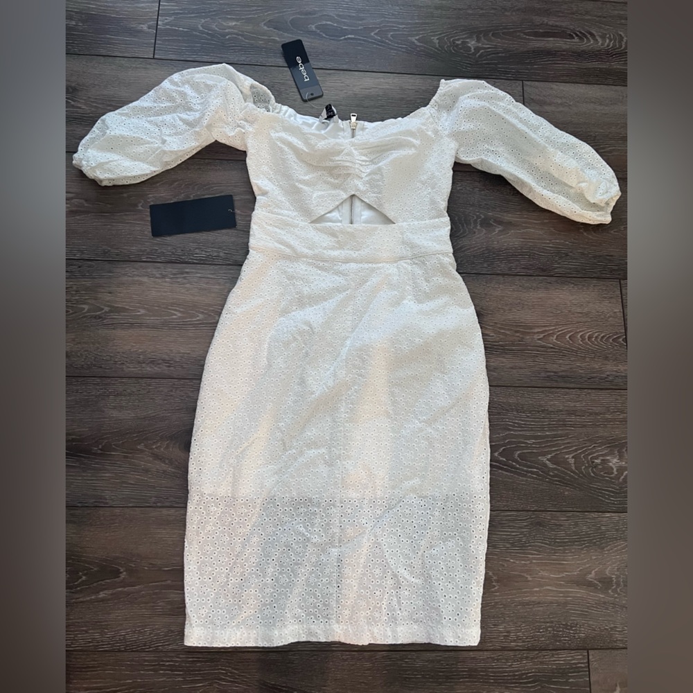 NWT BEBE OFF THE SHOULDER EYELET MIDI